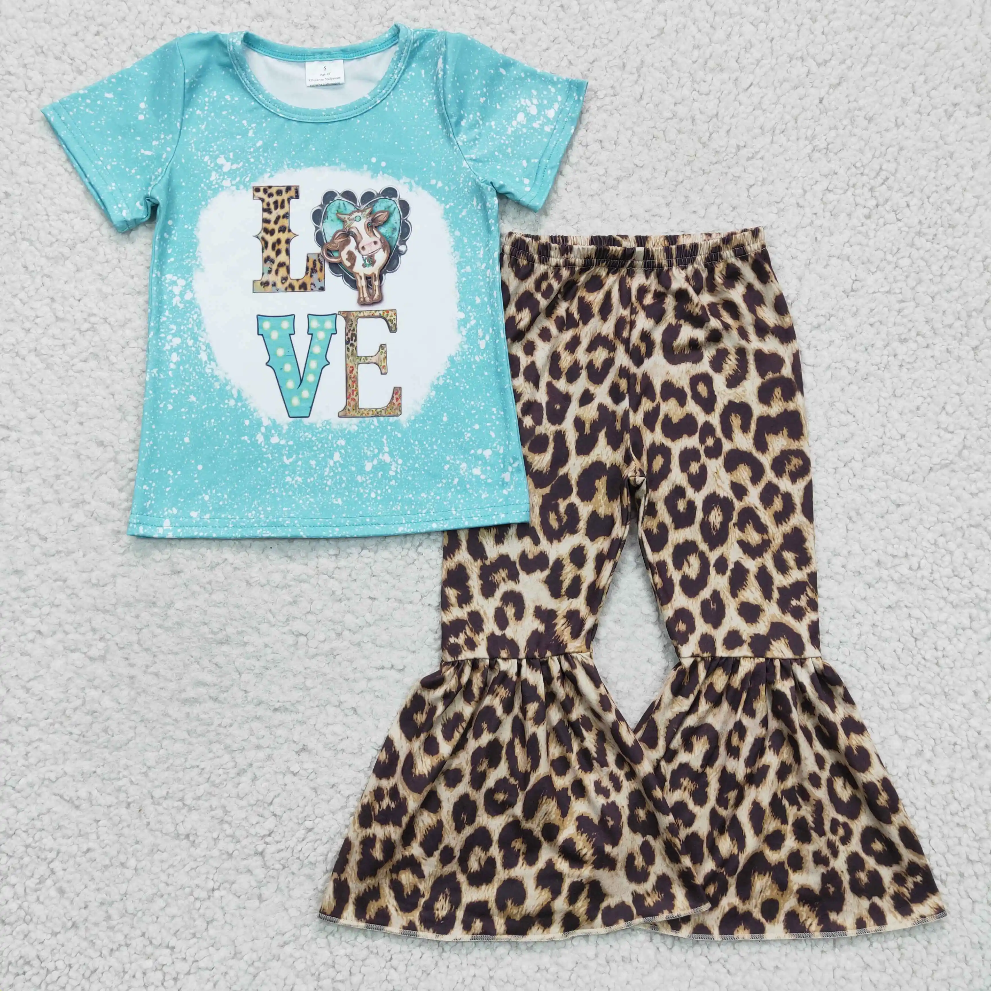 

wholesale kids clothes cow pattern blue short sleeve leopard print bell-bottoms 100%cotton boutique baby girl clothes