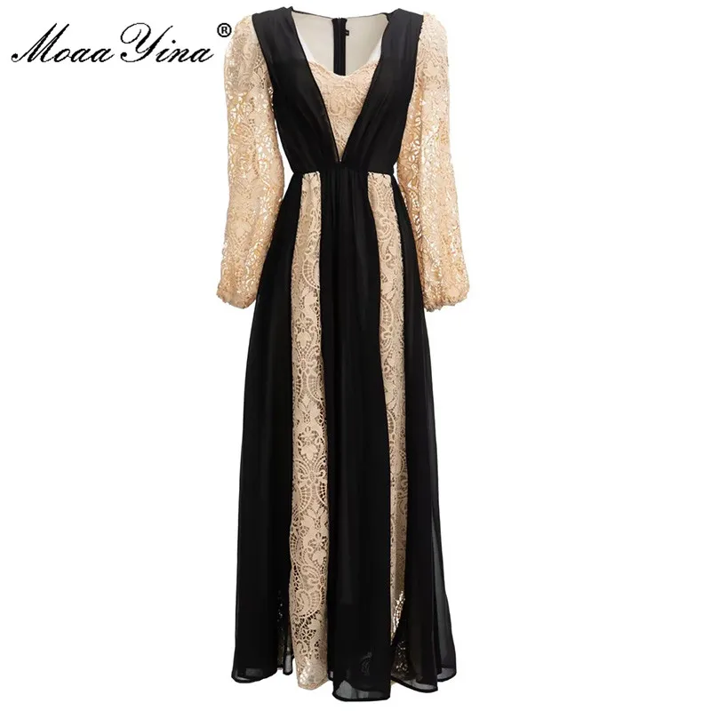 

MoaaYina, модное дизайнерское платье, осенне-зимнее женское платье с v-образным вырезом, рукавами-фонариками, кружевным крючком, с цветочным узором, винтажные вечерние платья