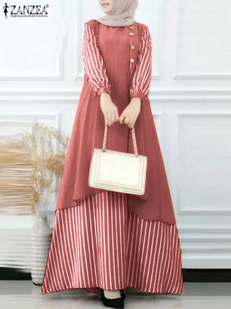 

Casual Patchwork Maxi Dress ZANZEA Women Vintage Long Sleeve Striped Sundress Robe Femme Dubai Turkey Abaya Hijab Vestido Kaftan