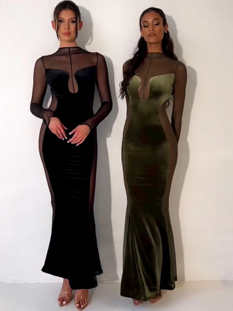 

Laxsesu Sexy Hollow Out Dresses for Women 2022 Mesh Patchwork See Through Backless Party Dress Long Sleeve Elegant Evening Dress