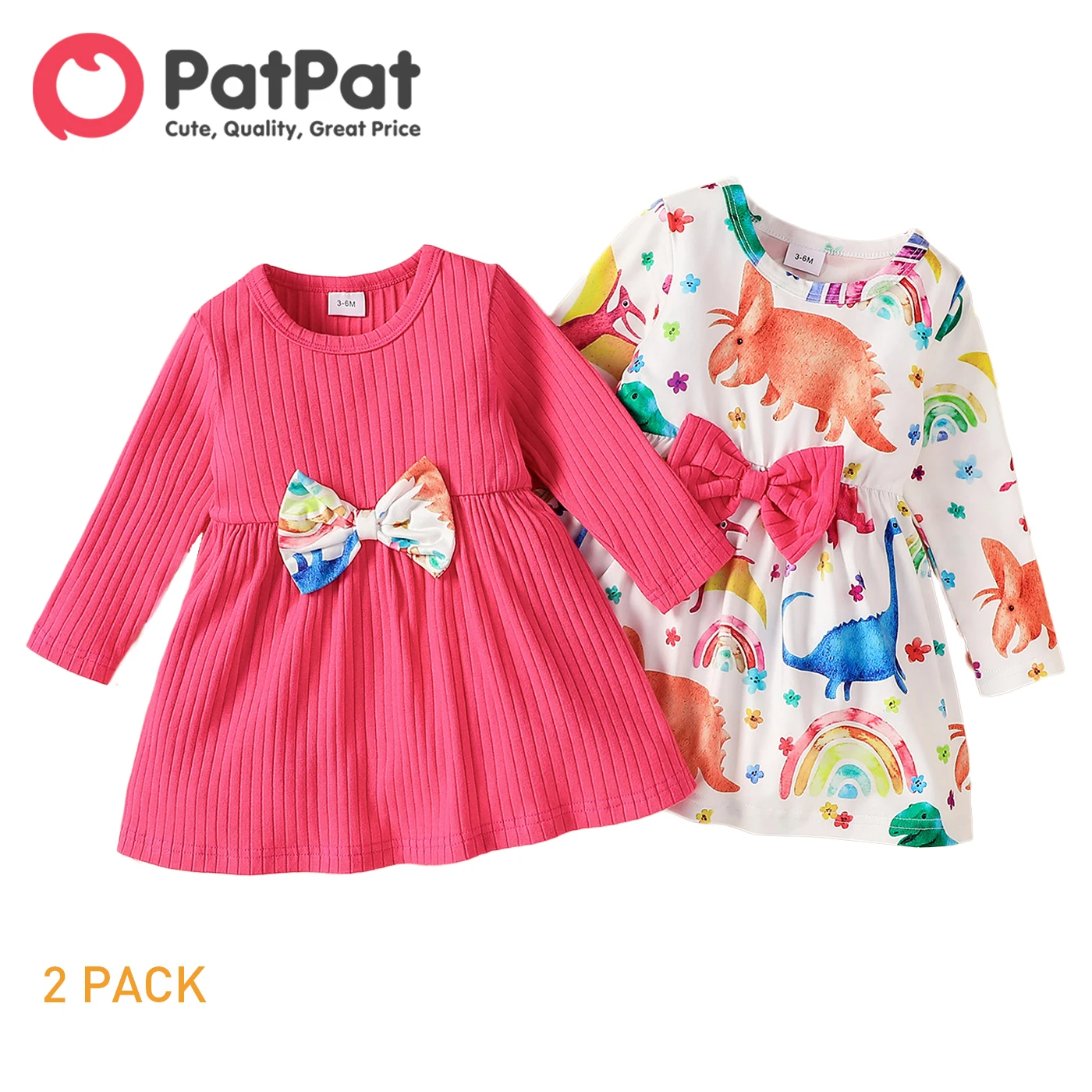 

PatPat 2-Pack Baby Girl 95% Cotton Solid Ribbed and Allover Dinosaur Print Bow Front Long-sleeve Dresses Set