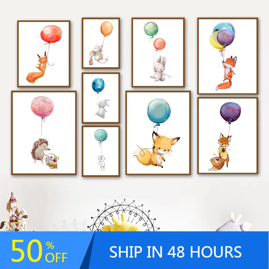 

Balloon Rabbit Squirrel Hedgehog Cartoon Wall Art Canvas Painting Nordic Posters And Prints Wall Pictures For Living Room Decor