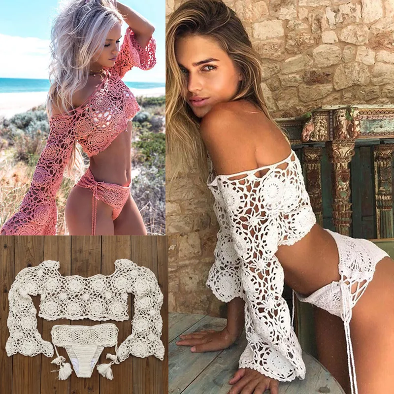 

2022 Summer Hand Crochet Bikini Set Women Boho Sexy Cover Up Swimming Trunks Beach Swimwear Festival Clothing BathingSuit Women