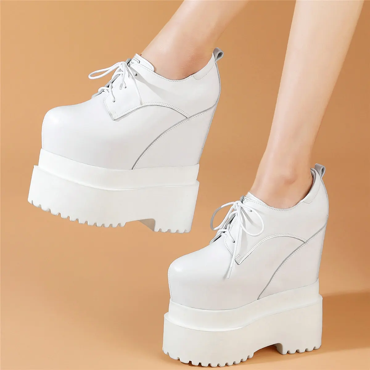 Fashion Sneakers Women Lace Up Genuine Leather Super High Heels Ankle Boots Female Round Toe Chunky Platform Pumps Casual Shoes