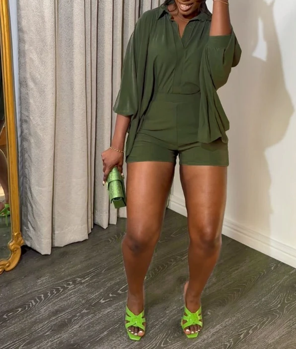 Женский Повседневный комплект из двух предметов Однотонная рубашка с отложным