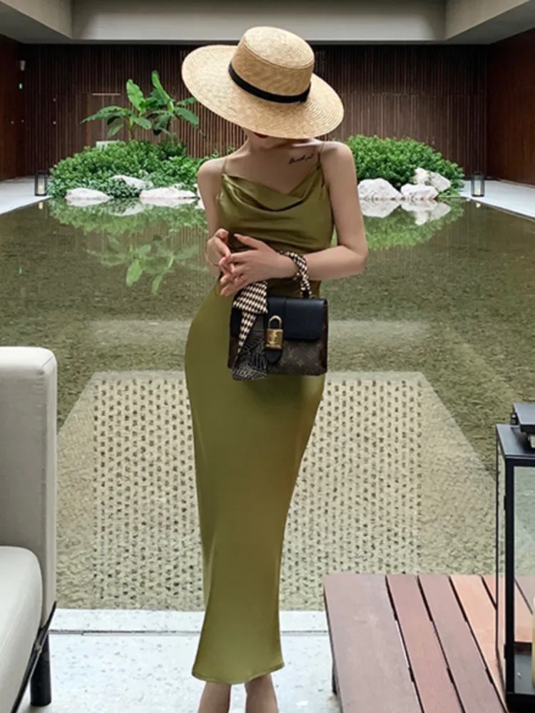 

Summer Women Elegant Satin Strap Midi Sleeveless Dress Backless Bodycon Sexy Party Club Slim Vestidos Clothes