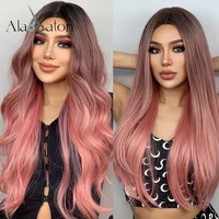 alan eaton long wavy synthetic wigs ombre black pink wigs for women cosplay natural middle part hair wig high temperature fiber