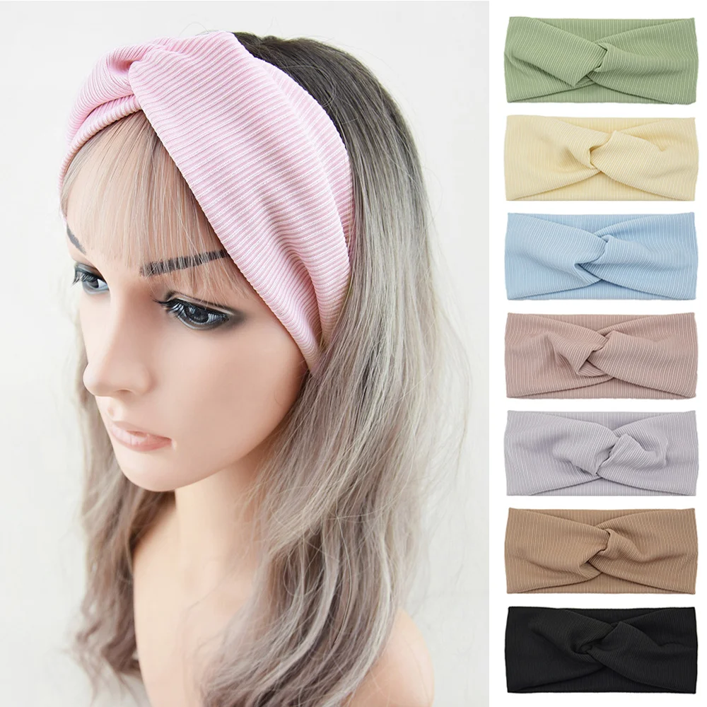

Мягкая широкая Женская повязка на голову из ледяного шелка, простые эластичные повязки для волос с перехлёстом, однотонные аксессуары для волос для девушек