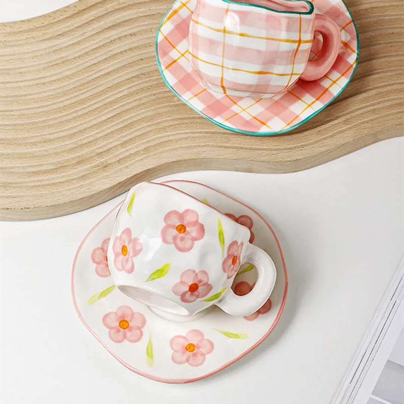 

Handmade Ceramic Flower Coffee Cup Office Mug With Saucer Home Breakfast Milk Juice Tea Handle Cup Gift Teacup Drinkware Set