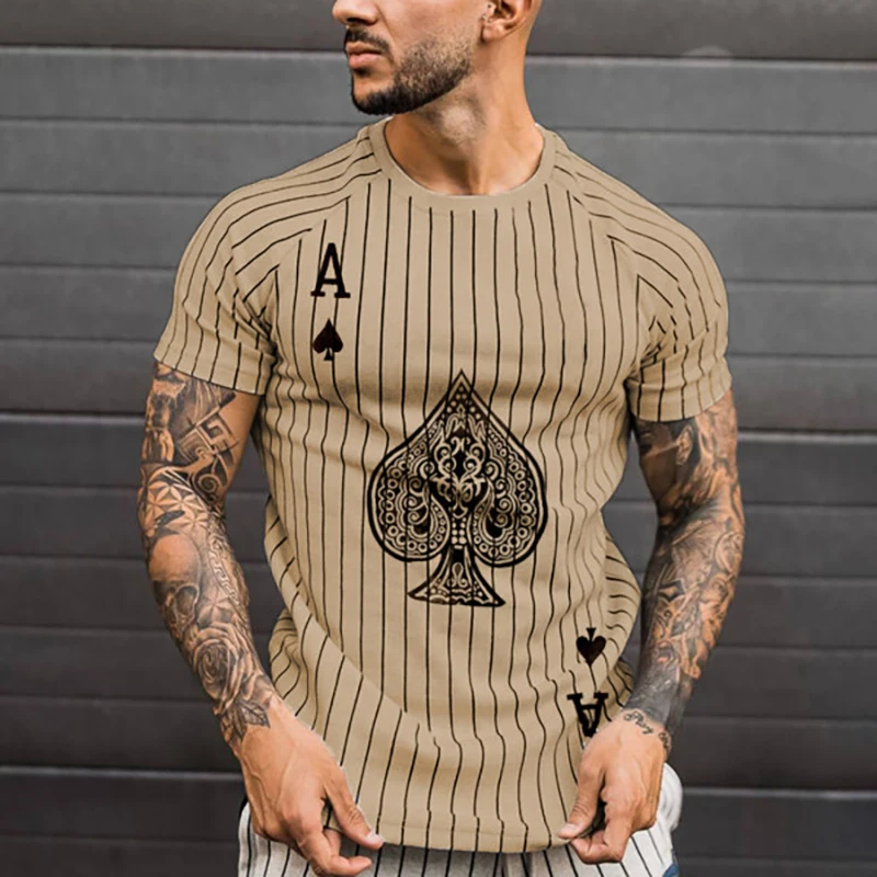 Summer New Fashion Men's Solid Color Striped Spades Card Pattern Casual Street Short Sleeve Round Neck Oversized Men's T-Shirt