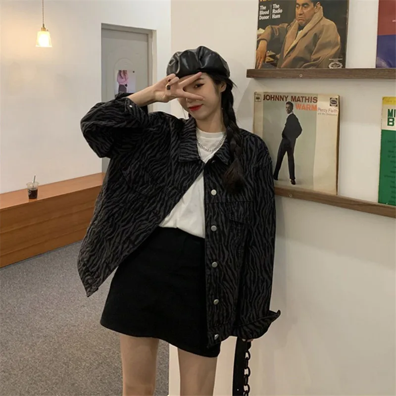 

Vintage Harajuku Zebra Print Denim Jacket Women's Short Cowboy Outwear Spring Autumn Lapel Long Sleeve Female Jeans Jacket Coat