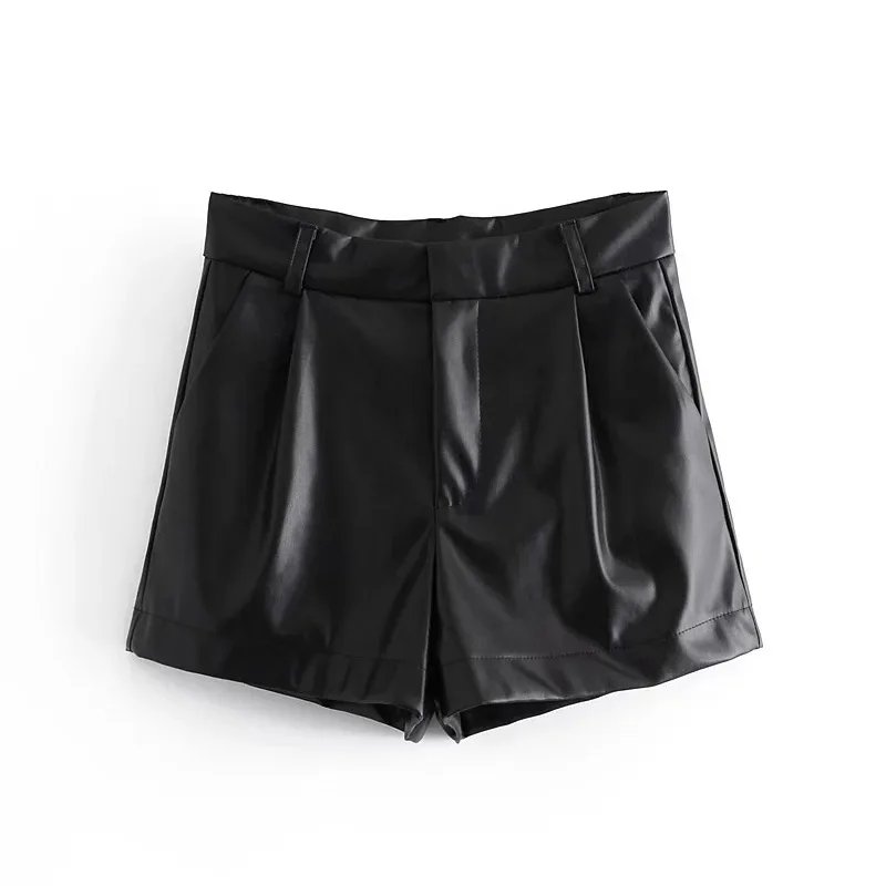 2023 Women's Shorts Vintage PU Leather Shorts High Waist Undefined Drapped Trousers Female Office Wear Shorts