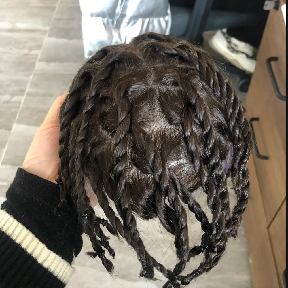 Полная кожа PU Afro Men Toupee Remy Human Hair Темно-коричневые косы Парики Прочные завязанные