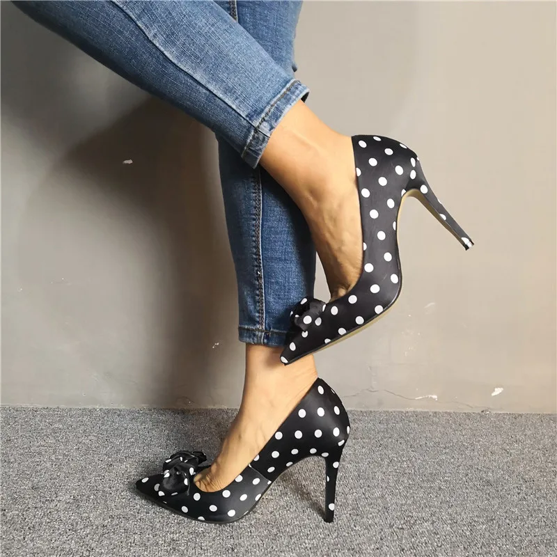 Sexy Bowtie Polka Dot Silk Pumps Women Black White Round Dot Pointed Toe Thin Heels Dress Single Shoes Wedding High Heels