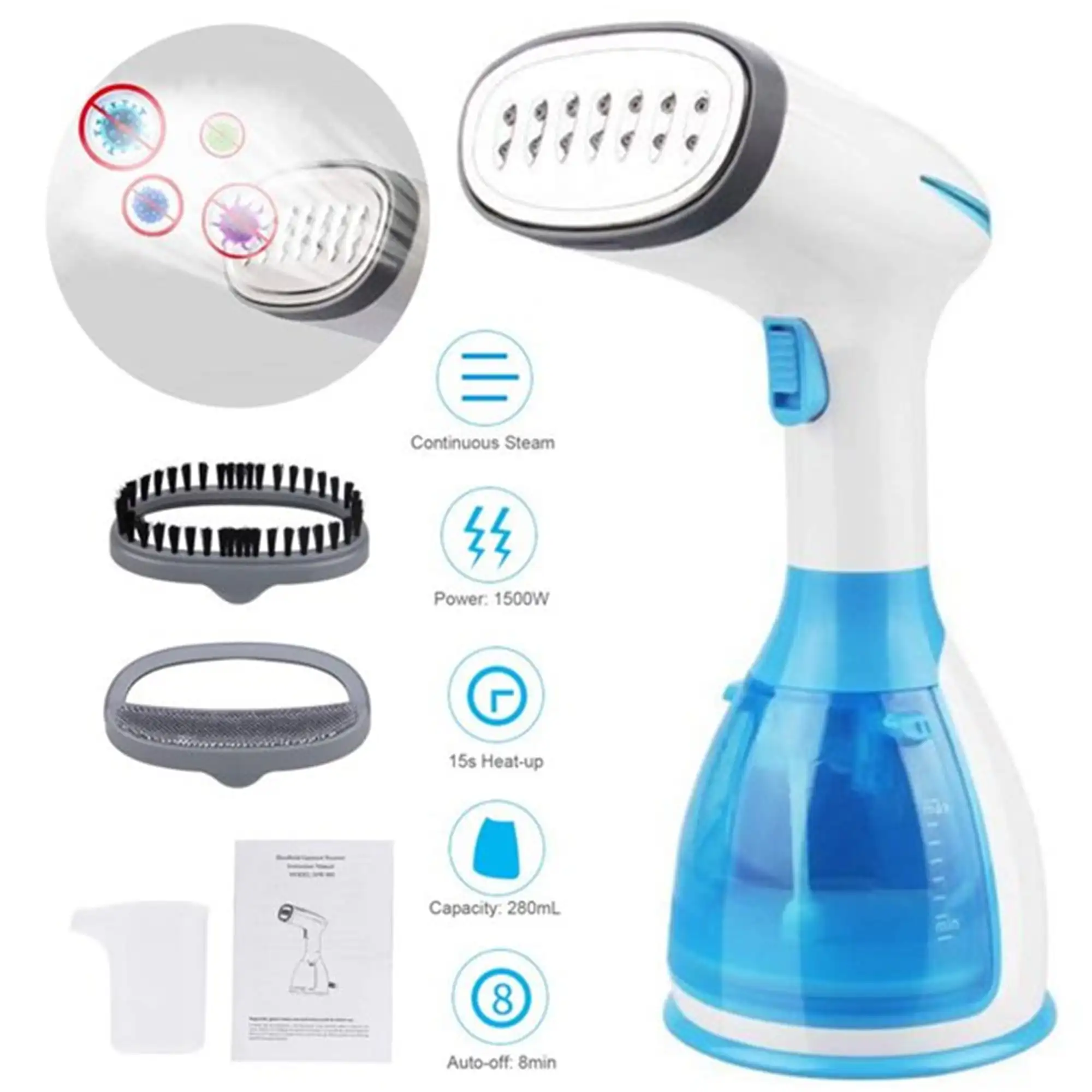 

1500-Watt Portable Handheld Clothing Steamer, Garment & Fabric Wrinkle Remover, 15s Fast Heat-up, Large Water Tank, Clothes Fabr