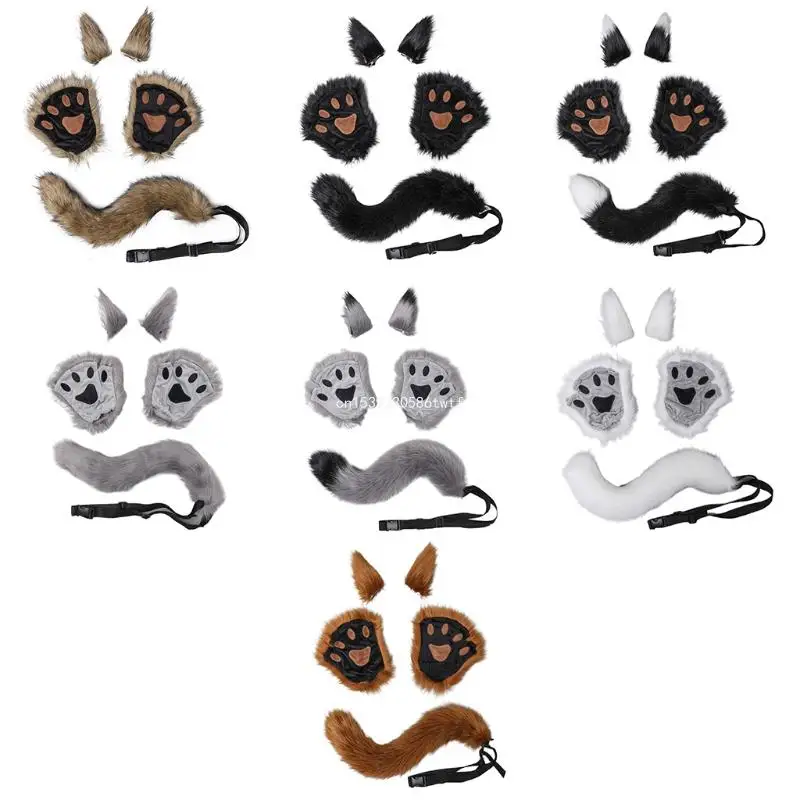 

5 Pieces Animal Roleplay Furry Set Puppy Ears Headwear Gloves Long Fur Wolf Tail Dropship