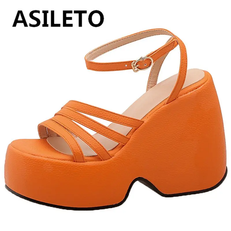 

ASILETO Lady Platform Sandals Open Toe Wedge High Heel Buckle Strap Roma Style Big Size 33-43 Solid Orange Green Concise S3925
