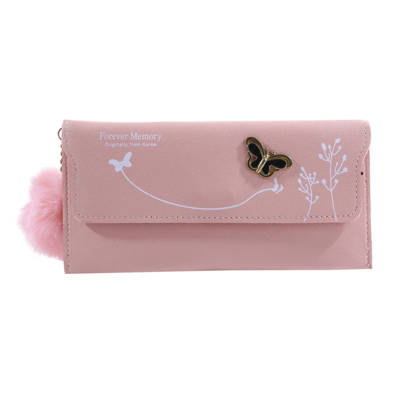 

Fashionable Women Long Wallets Pure Color Wool Ball Bow Clutch Bag Women'S Long Bag Card Bag Coin Purse New 2022