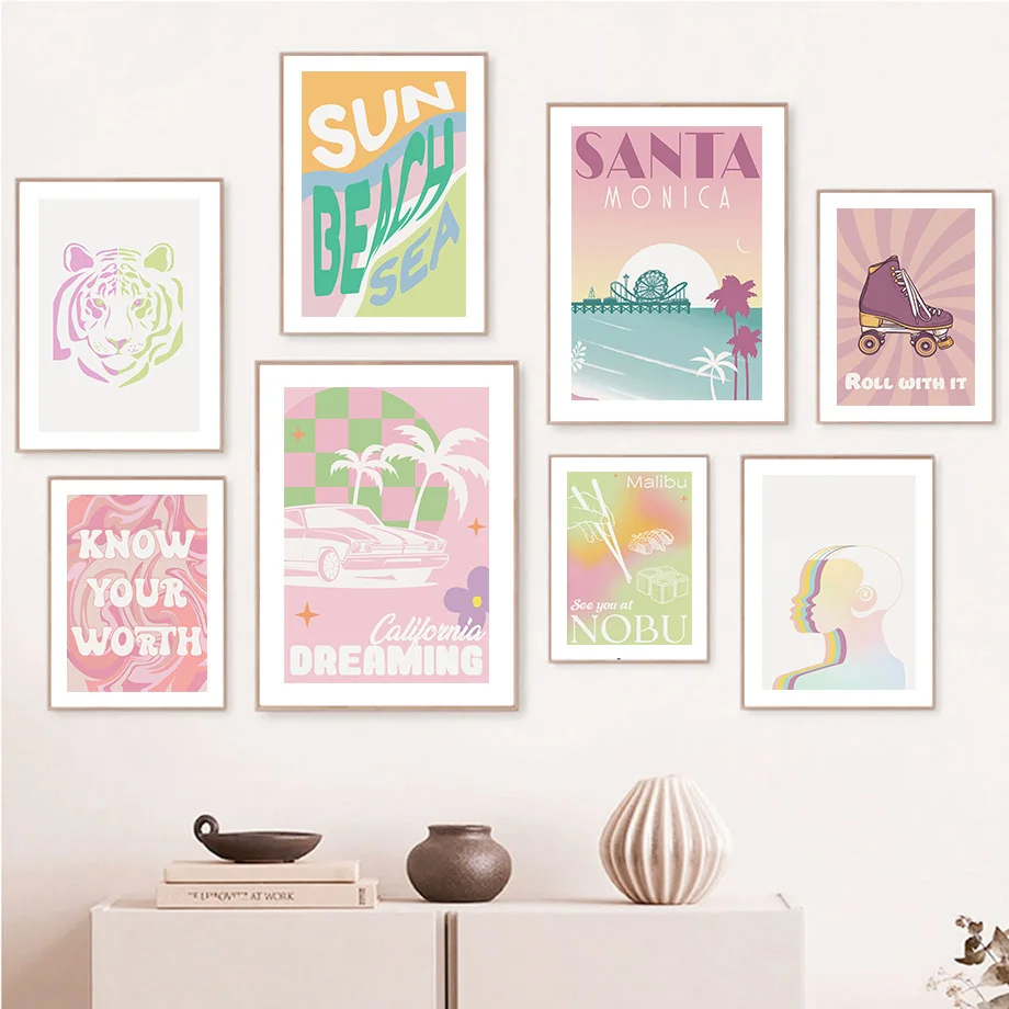 

Roller Skating Tiger Girl Gradient Shapes Wall Art Canvas Painting Nordic Posters And Prints Wall Pictures For Living Room Decor