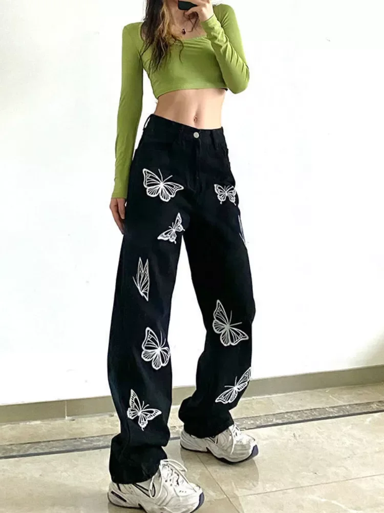 

HOUZHOU Y2K Butterfly Print Black Women Jeans Pants Vintage Streetwear Oversize Low Waist Wide Leg Trousers Loose E Girl Cowboy