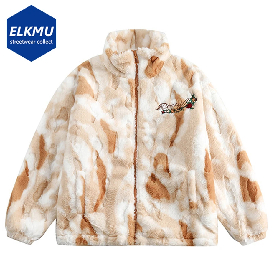

Мужская флисовая куртка на молнии, свободная повседневная пушистая куртка с цветочной вышивкой в стиле Харадзюку, зима 2023