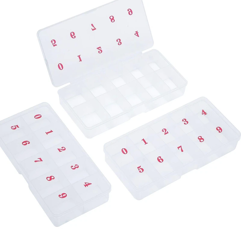 

3Pcs False Nail Tips Transparent Storage Box With 10 Number Empty Spaces Storage Case Container Nail Art Organizer Box