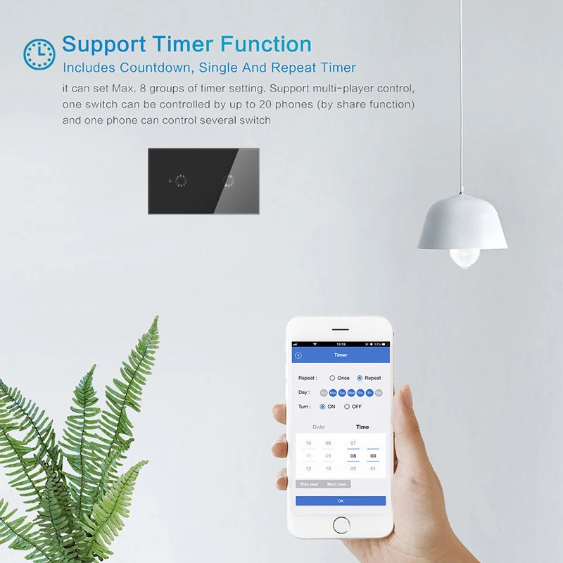 

Умный выключатель, Стандартный сенсорный выключатель с 2 клавишами, Wi-Fi, панель из закаленного стекла, настенная лампа, работает с Alexa Home