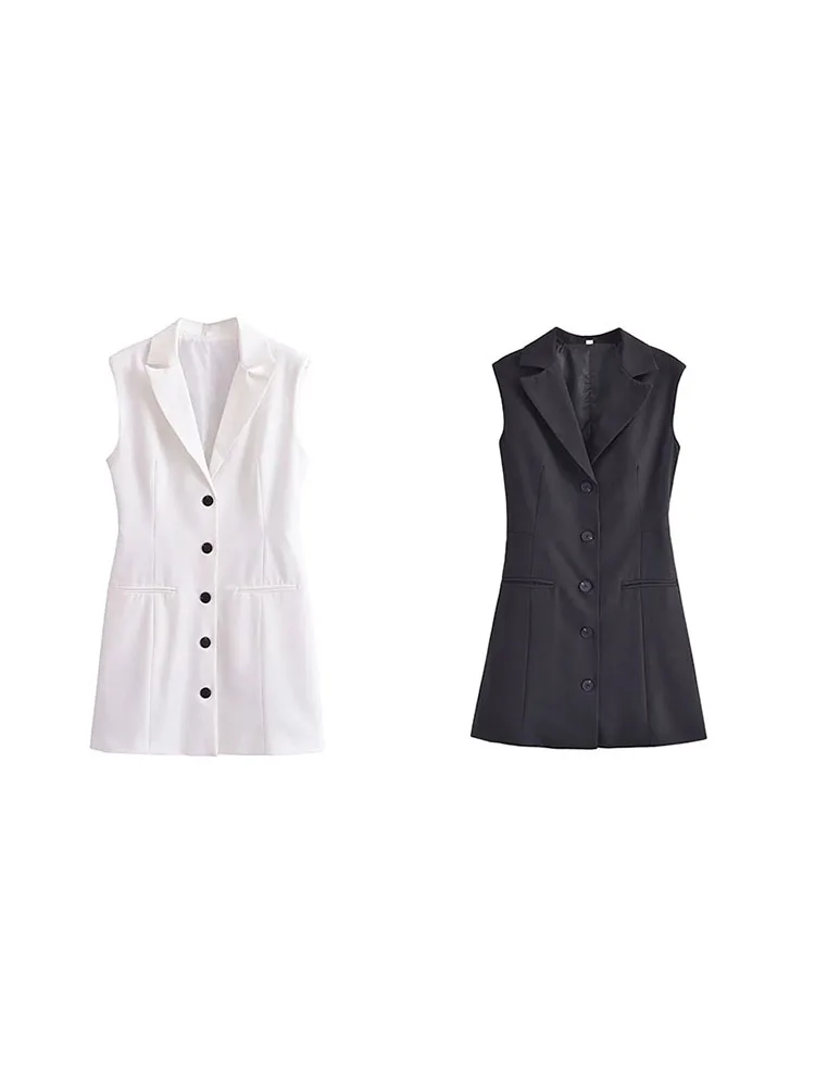 

Новая женская одежда ZADATA 2023, элегантное и модное приталенное универсальное платье на пуговицах без рукавов с отложным воротником в стиле ретро