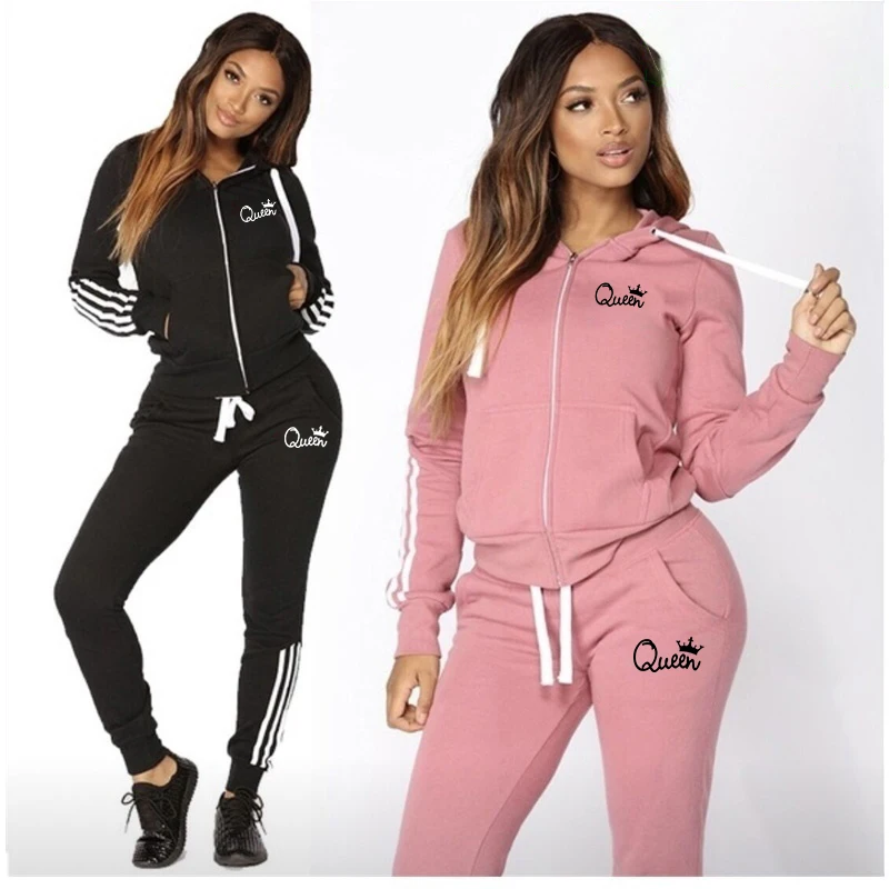 

Women's Hot Long-sleeved Sweater Trousers 2PCS Sportswear Tracksuits Fashion Print QUEEN Hooded Joggers Sports Sets Spring Fall