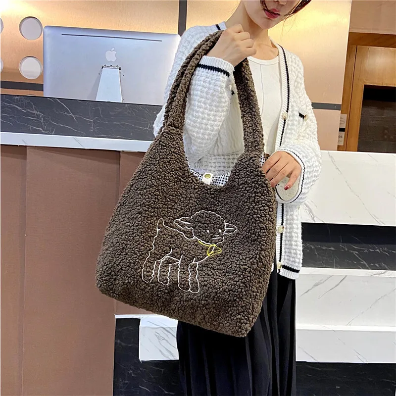 

Lambswool Handbags for Women Shoulder Bag Bags Large Capacity Embroidery Handbag Shopper Bags Cute Plush Tote Bag Luxury Bag