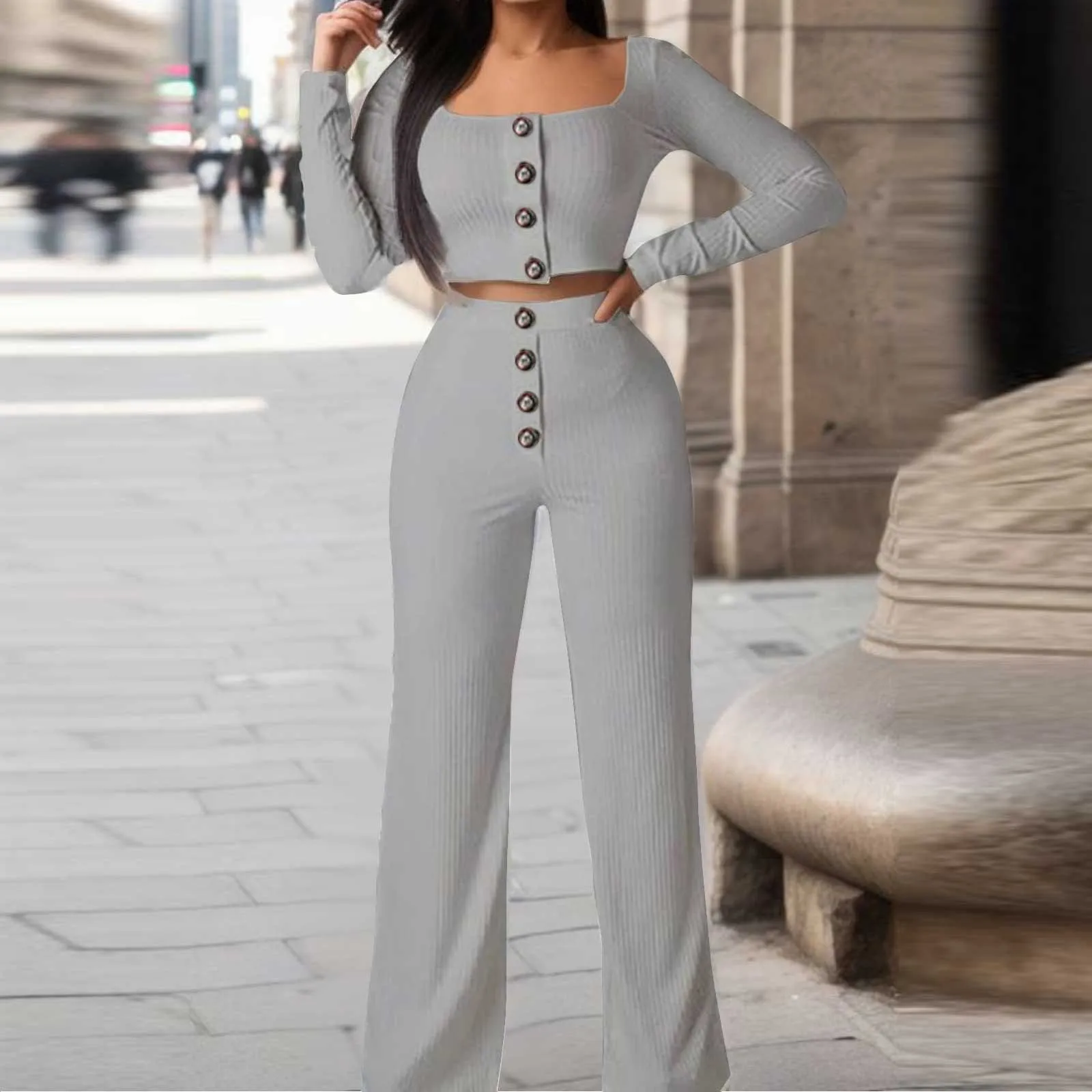 

Женский спортивный костюм из 2 предметов, Кардиган с длинным рукавом, облегающий повседневный комплект на пуговицах, свитер, топ, брюки с эластичным поясом, вязаный костюм, пальто