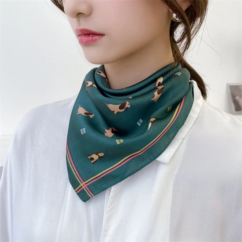 

70*70 Spring and Autumn Women Small Square Silk Scarf Hair Band Dog pattern Neckerchief Tie Bag Multi-Function Scarf Decorate