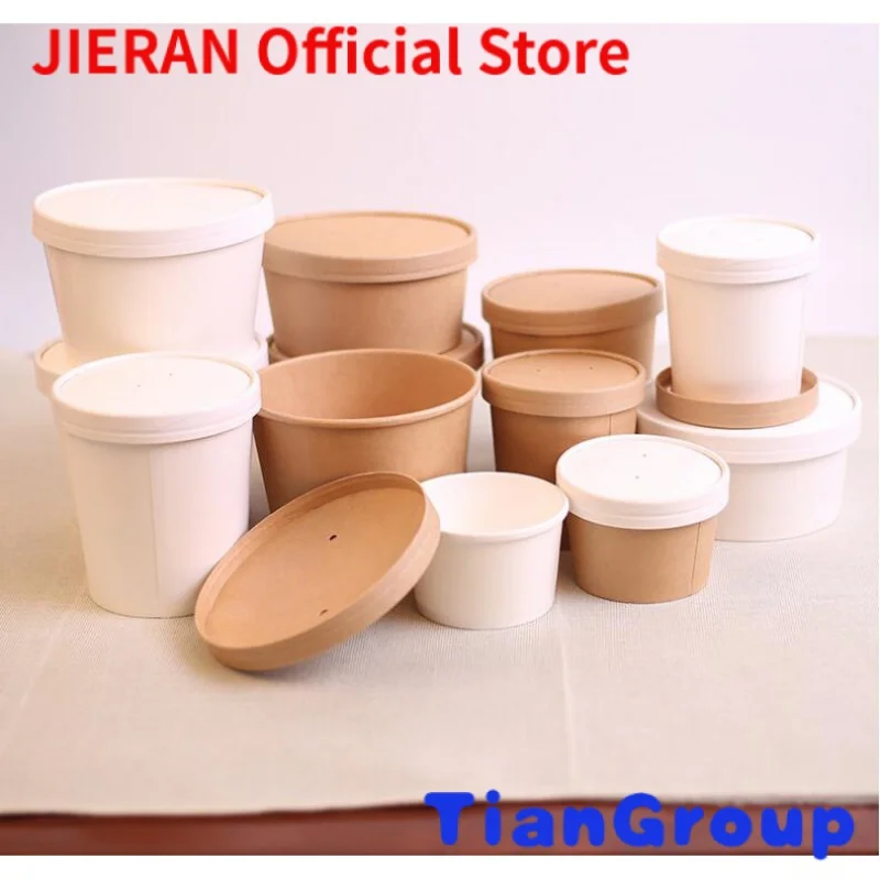 

ECO Disposable Kraft Paper Soup Cup Bowl with Paper lid take away lunch packing takeout food packaging bucket