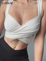 cjfhje backless sleeveless solid v neck bandage shirring sexy crop top 2022 spring bodycon skinny streetwear party y2k shirt