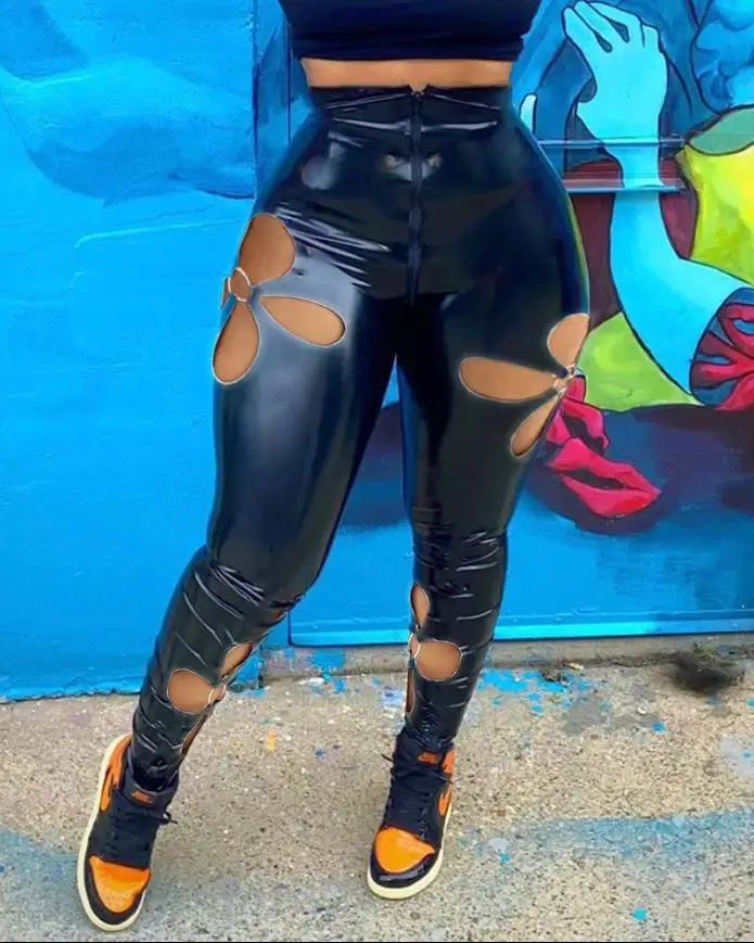 

Women's Clothing Sexy Pu Leather Cutout Zipper Design Pants Skinny Night Out Tight Fitting Woman Trousers