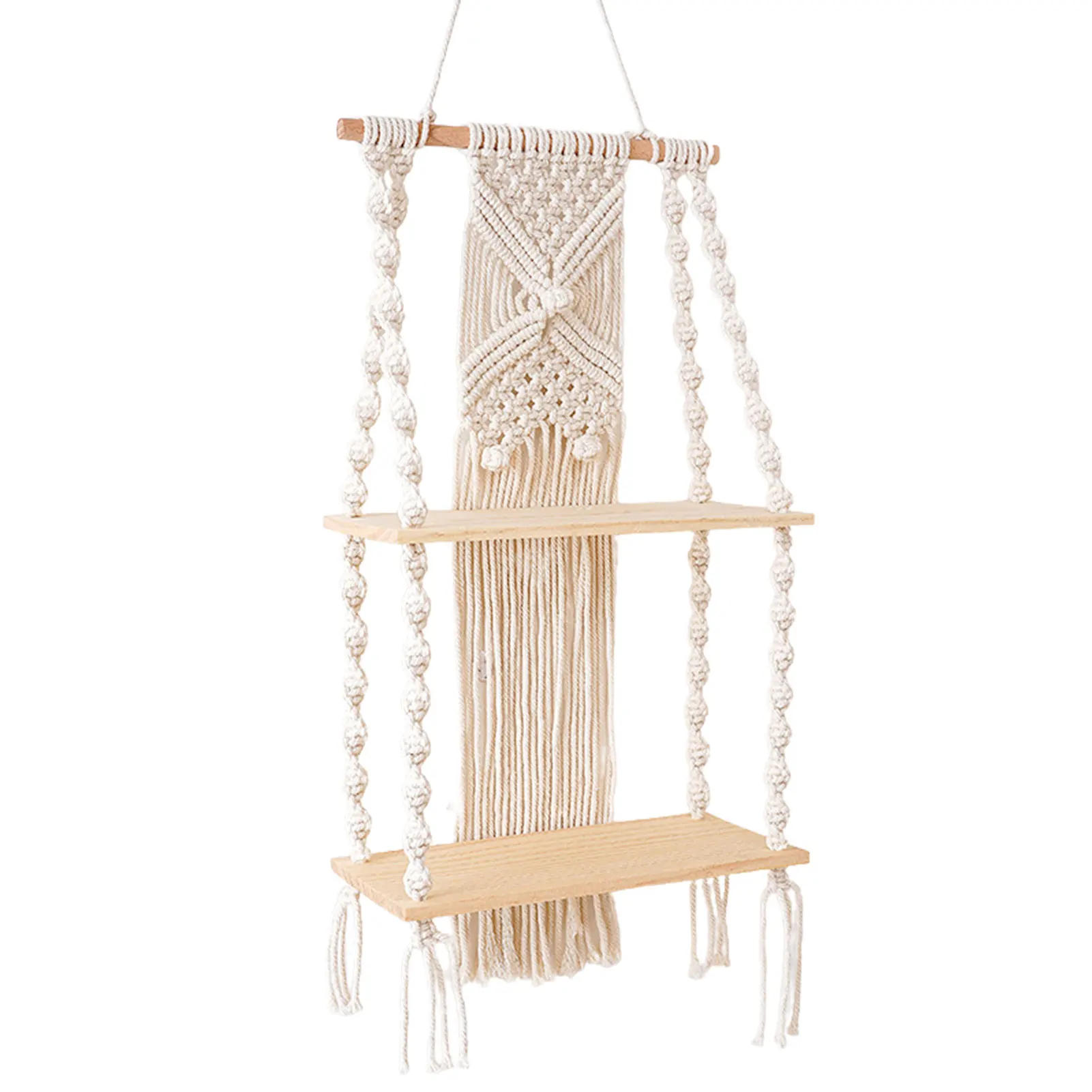 

Macrame Wall Floating Shelf 2 Tier Large White Hand Woven Tassel Tapestry Rack Macrame Wall Hangings Shelf For Plant Holder