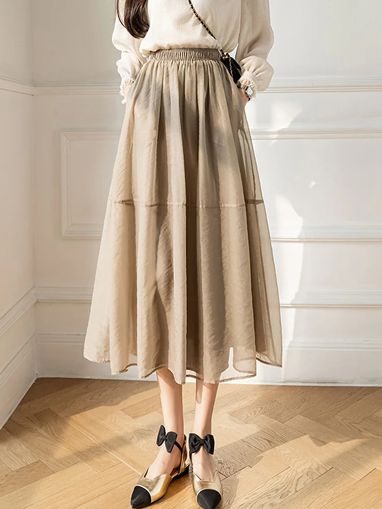 

GGRIGHT 2022 Spring Summer Women Clothing Elastic High Waist Big Swing Skirt Solid Casual Organza Midi Skirts Saias Mulher