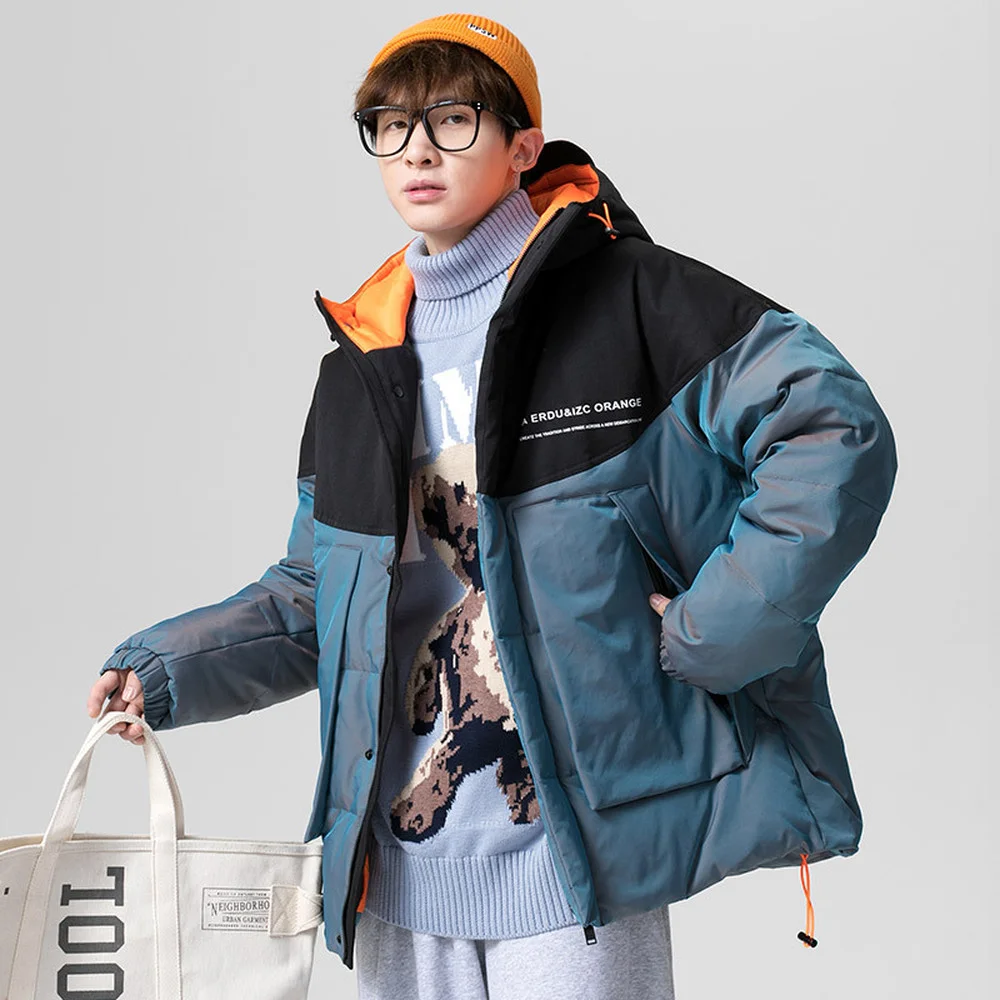 Covrlge Men Duck Down Jacket Solid Color Trend Brand Winter Hooded Thick Warm Loose Shiny Warm Coat Couples Streetwear MWY046