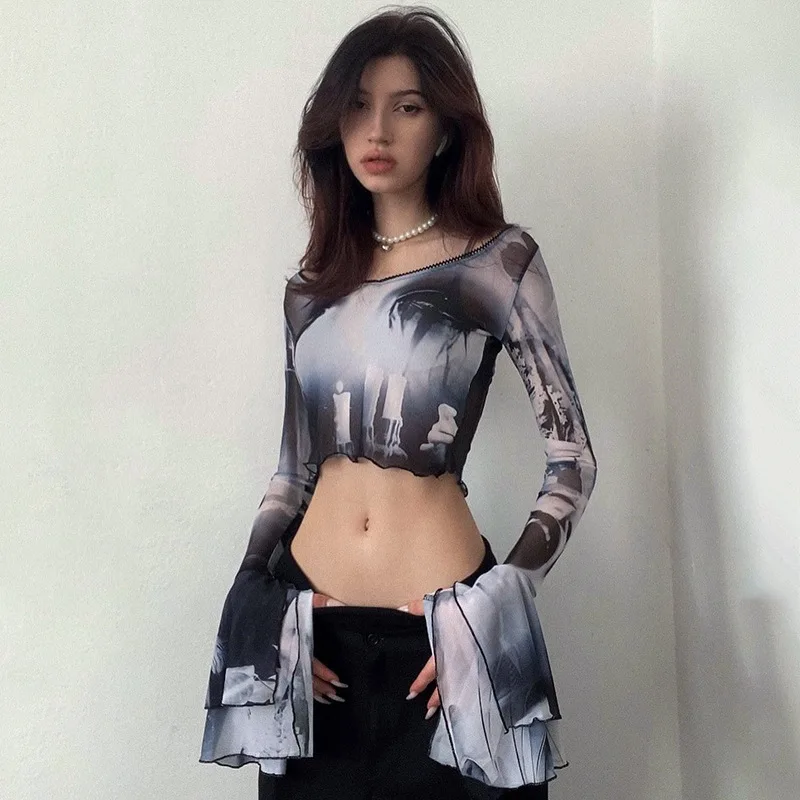 

Gothic Women Printed O Neck Pullover Long Flared Sleeve Casual Crop Tops Punk Y2K See Through T-shirts Summer Sexy Streetwear