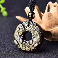 natural golden obsidian hand carved pixiu pendant fashion boutique jewelry for men and women gold obsidian peace buckle necklace