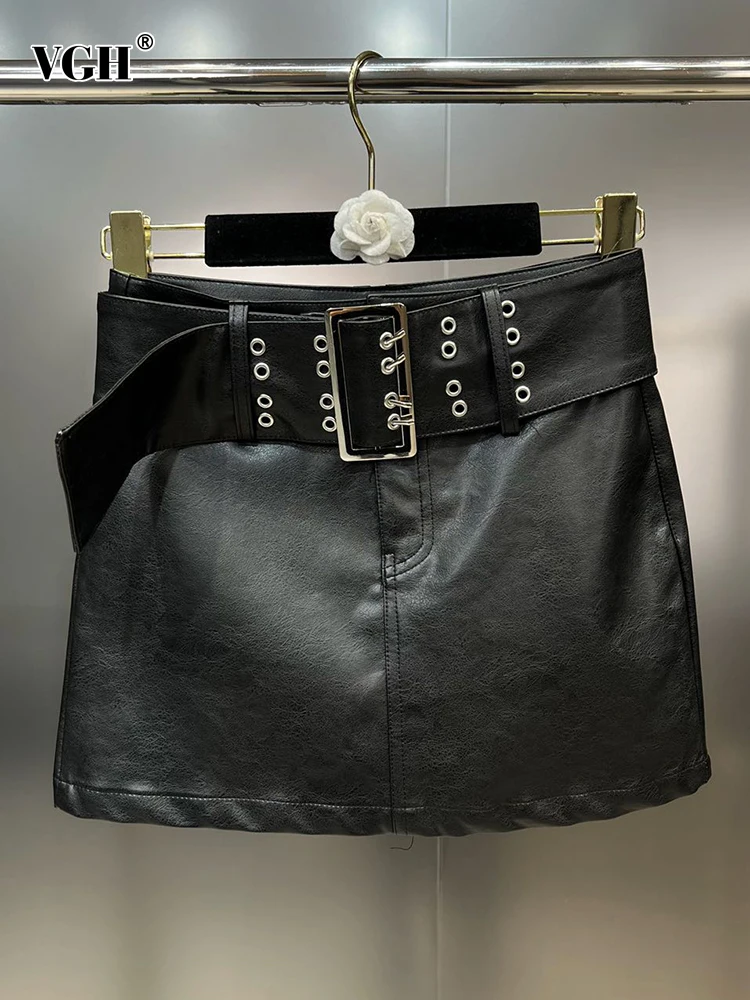 

VGH Solid Patchwork Belt Leather Skirt For Women High Waist Bodycon Spliced Button Sexy Slimming A Line Mini Skirts Female New
