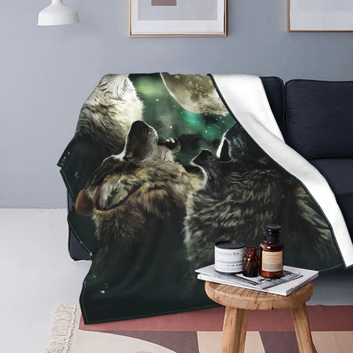 

Three Wolves And Full Moon Blanket for Travel Bedding Couch Bedspreads 3D Print Soft Flannel Fleece Warm Throw Blankets