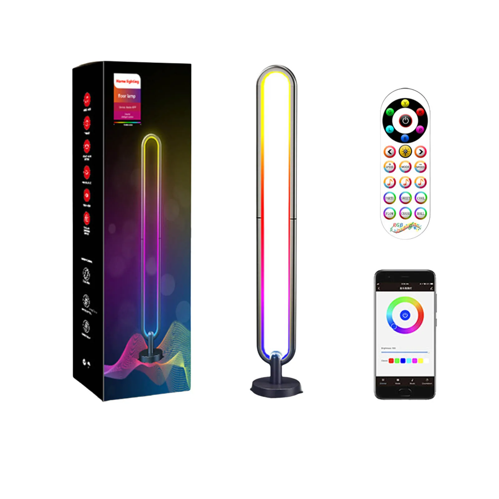 

Светодиодная напольная лампа RGB, U-образный современный вертикальный светильник с дистанционным управлением через приложение и синхрониза...