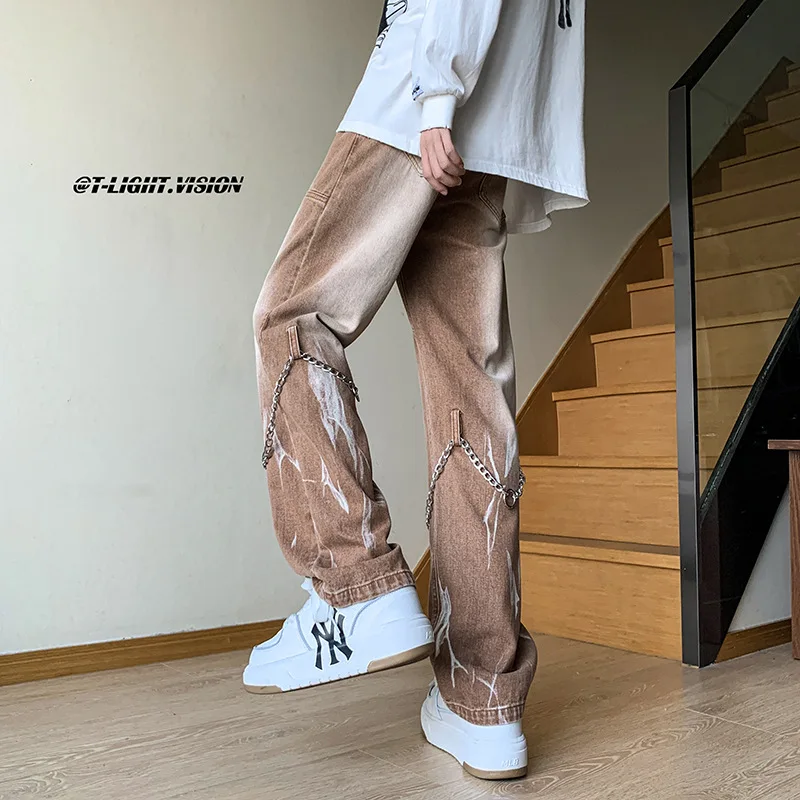Mężczyźni Tie Dye Gradient Color Brown Jeans Mens American Retro Jean Pants High Street Trendy Brand Chain Design Cargo Techwear