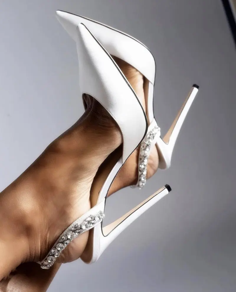 2022 Woman Summer Graceful Crystal Thin High Heel Sandals Pointed Toe Ankle Strap White Rhinestone Pumps