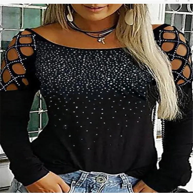 

Women's T Shirts autumn winter 2021 new casual round neck hot Diamond Long Sleeve shirts