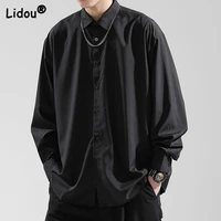 high street solid color single breasted ice silk sagging sensation top man long sleeve pointed collar streetwear coat shirt 2022