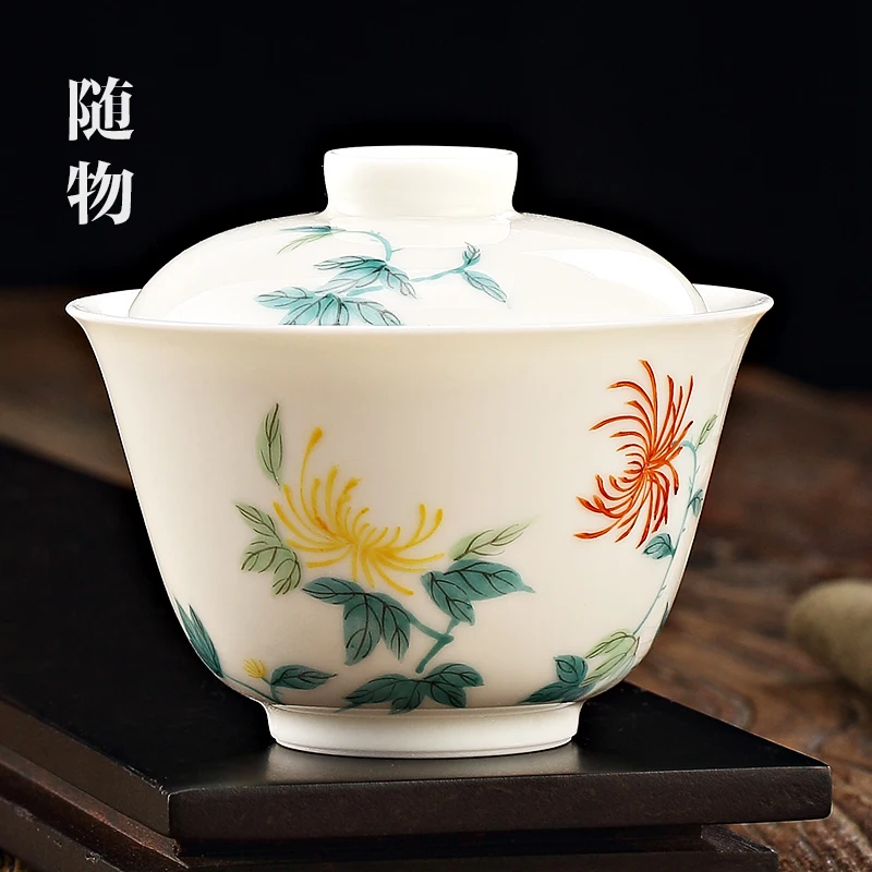 

Jingdezhen Handmade Tureen Ceramic Single Three Pieces Tea Making Bowl Tea Cup Non-Scald Kung Fu White Porcelain White Jade Tea