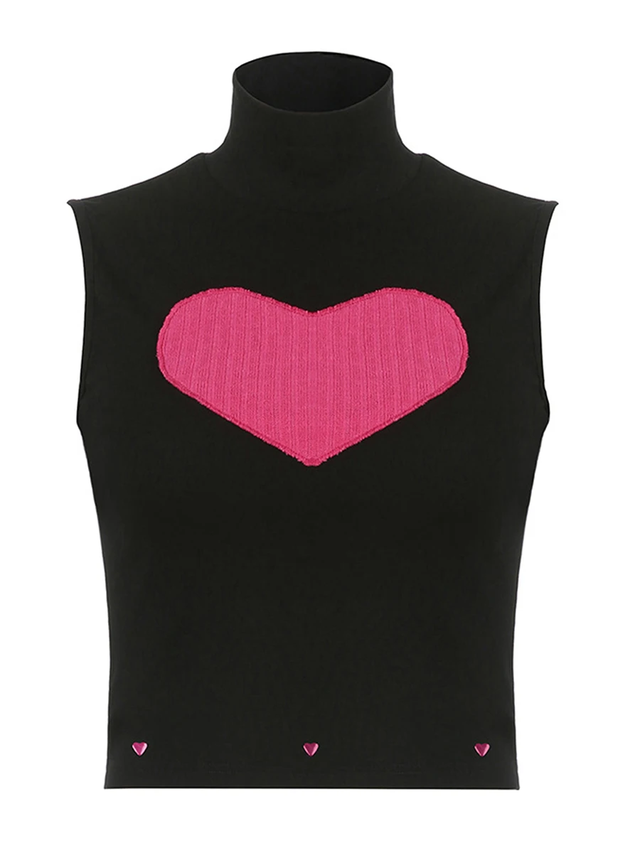 

Women Summer Vest Tops Heart Pattern High Neck Sleeveless Slim Fit Casual Crop Tops Harajuku Streetwear