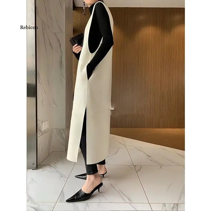 Женский пуловер без рукавов плюшевое платье новинка Длинное свободное шерстяное